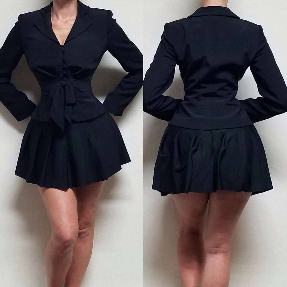 Rare Kay Unger Vintage Black Silk Chiffon Bow Ruched Button Up Cropped Blazer 4